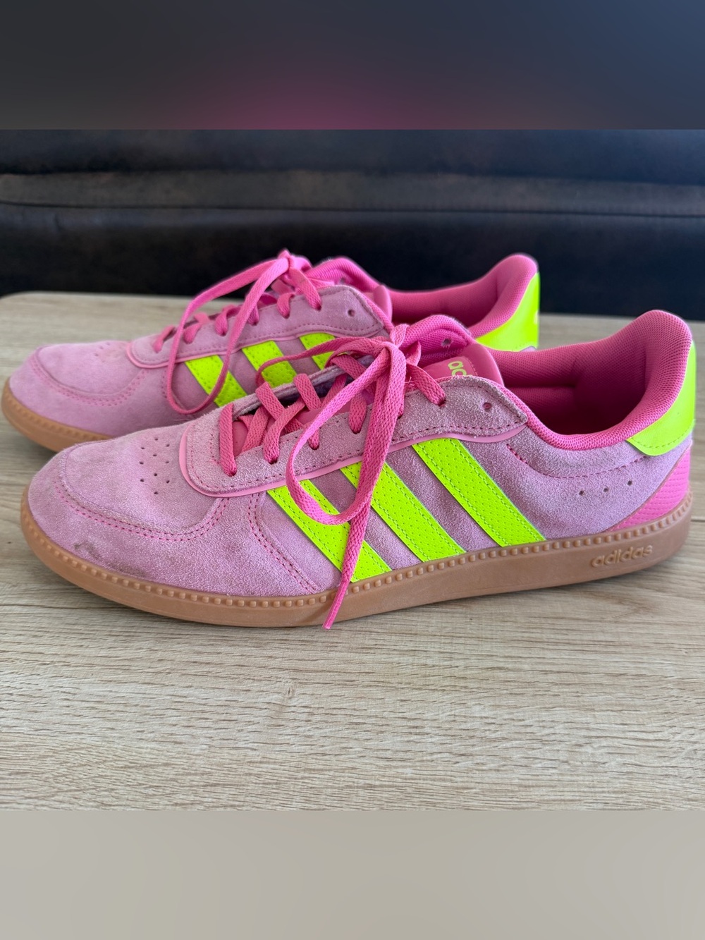Adidas Pink Sneakers with Neon Yellow Stripes Women’s 11